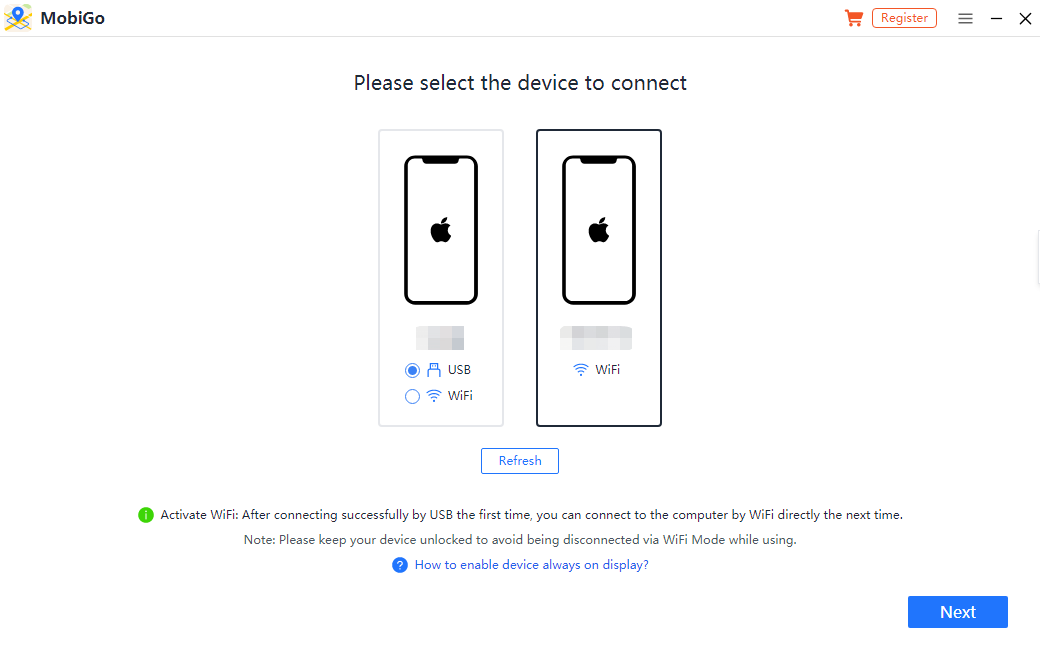 Connect your iPhone to MobiGo using the USB cable or Wi-Fi connection