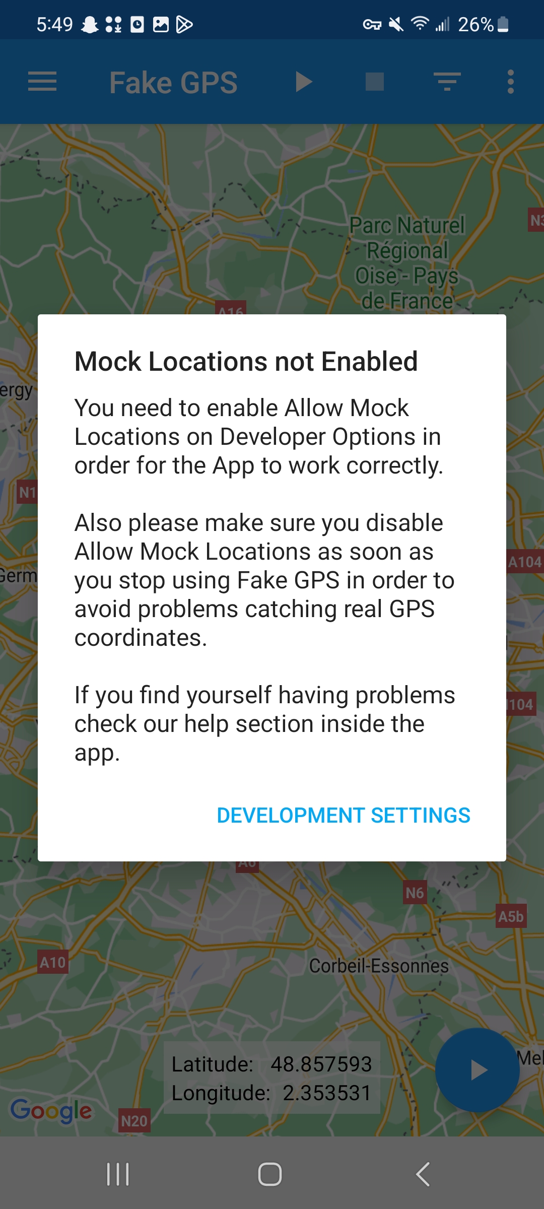 Allow Fake GPS Simulator to mock location