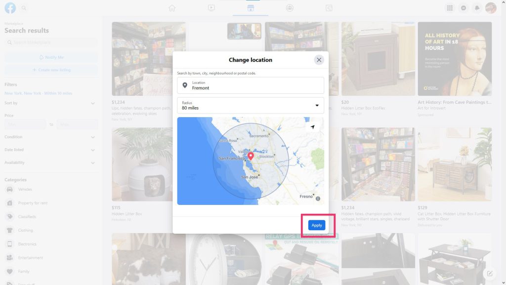 Apply to change Facebook marketplace location