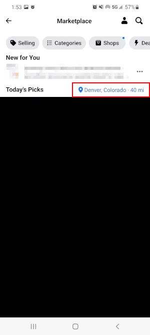 Facebook Mobile App Current Location on Marketplace Screen
