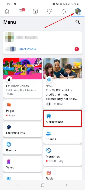 Facebook Mobile App Marketplace Tile in Hamburger Menu