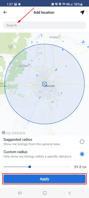 Facebook Mobile App Search Bar and Apply Button on Change Location Screen