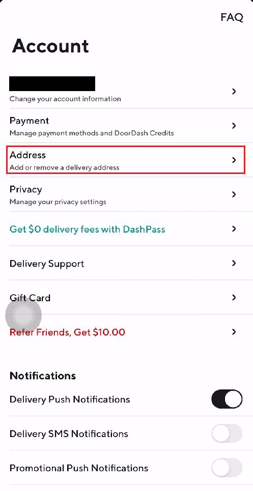 DoorDash ಅಪ್ಲಿಕೇಶನ್ ಅನ್ನು ಪ್ರಾರಂಭಿಸಿ ಮತ್ತು ಪ್ರೊಫೈಲ್ ಐಕಾನ್ ಮೇಲೆ ಟ್ಯಾಪ್ ಮಾಡಿ - ವಿಳಾಸ