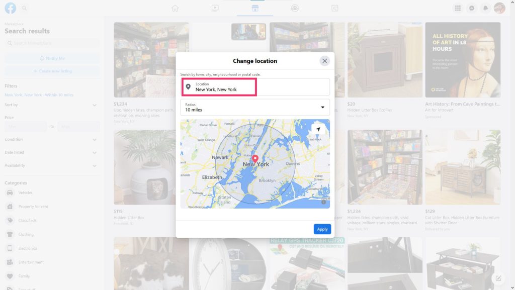 Search for a location to change on Facebook marketplace