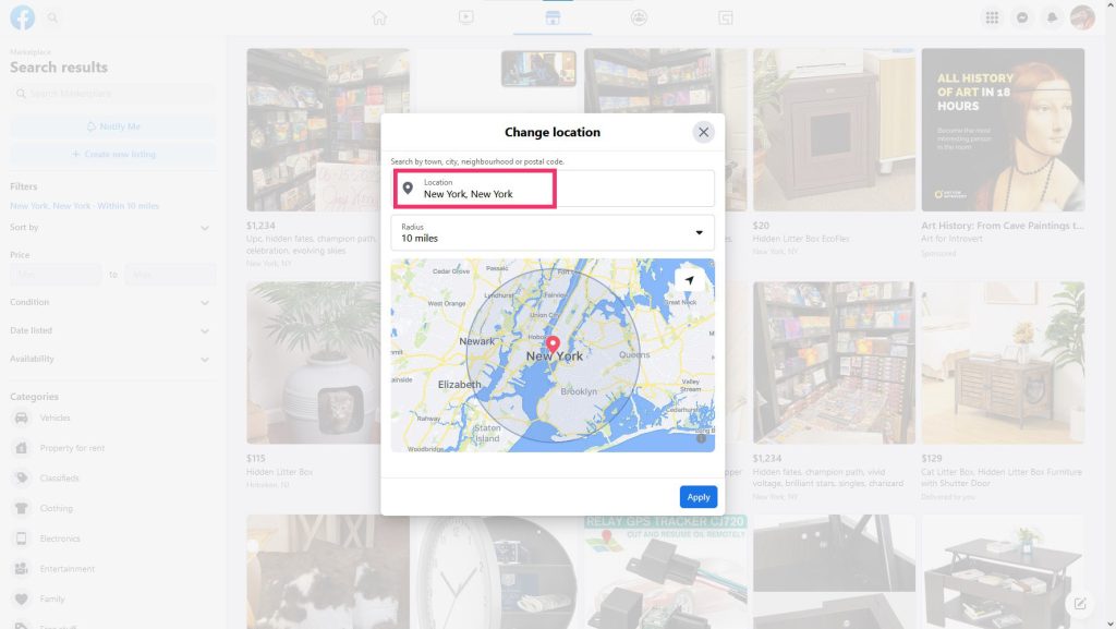 Søk etter et sted å endre på Facebook Marketplace