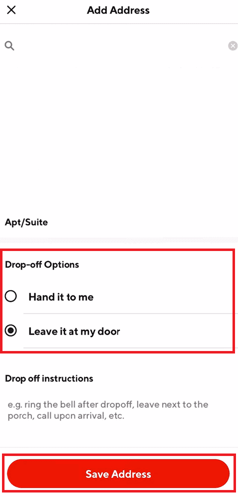 Select any of the Drop-off Options and tap on the Save Address option