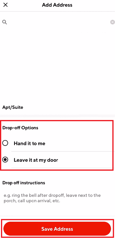 Drop-Off Options වලින් ඕනෑම එකක් තෝරා Save Address විකල්පය මත තට්ටු කරන්න