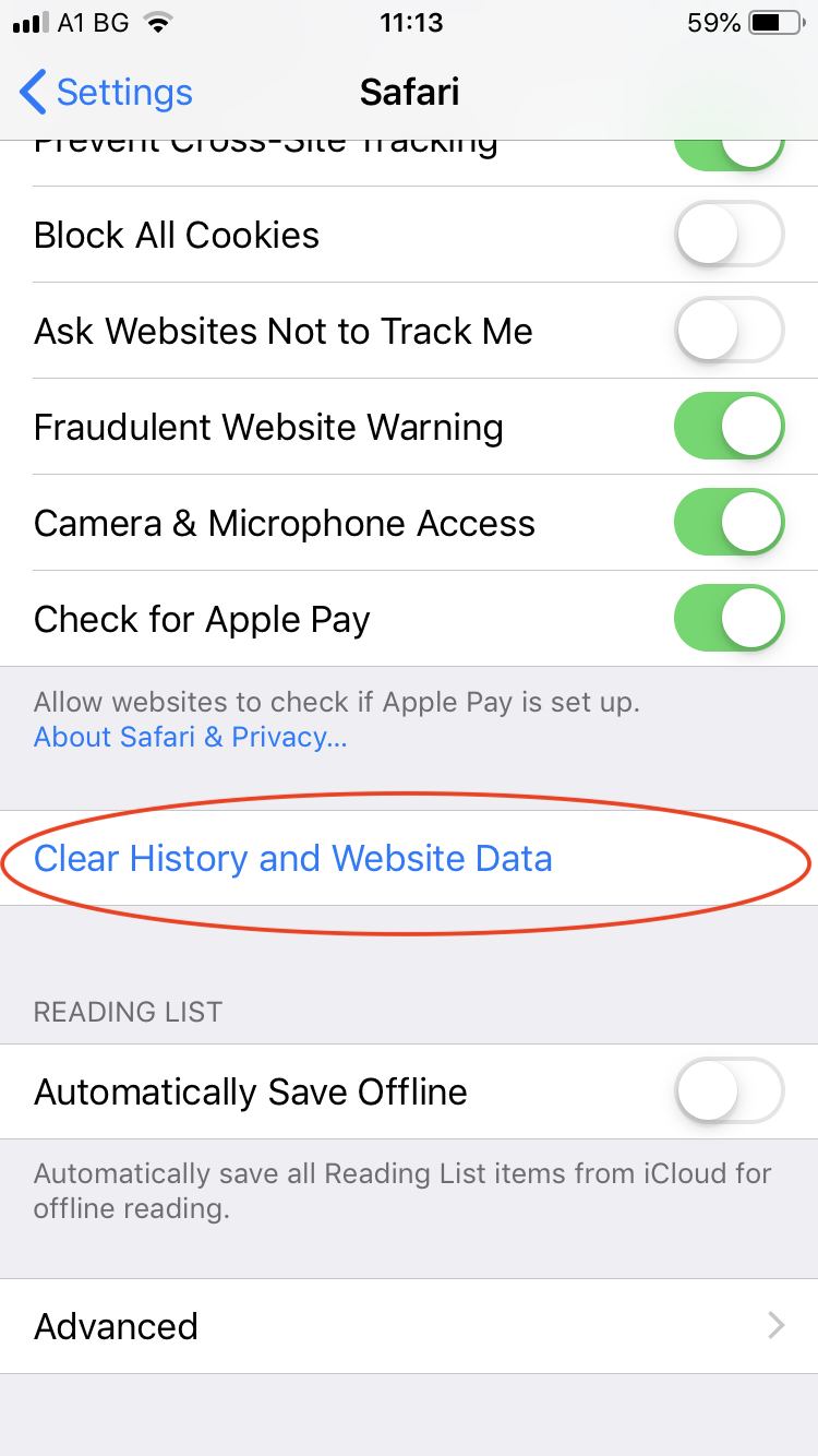 Nastavitve Safari Počisti zgodovino in podatke spletnega mesta
