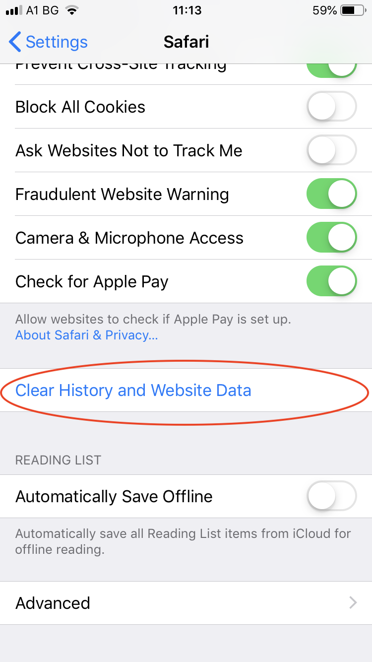 Settings Safari Clear History and Website Data