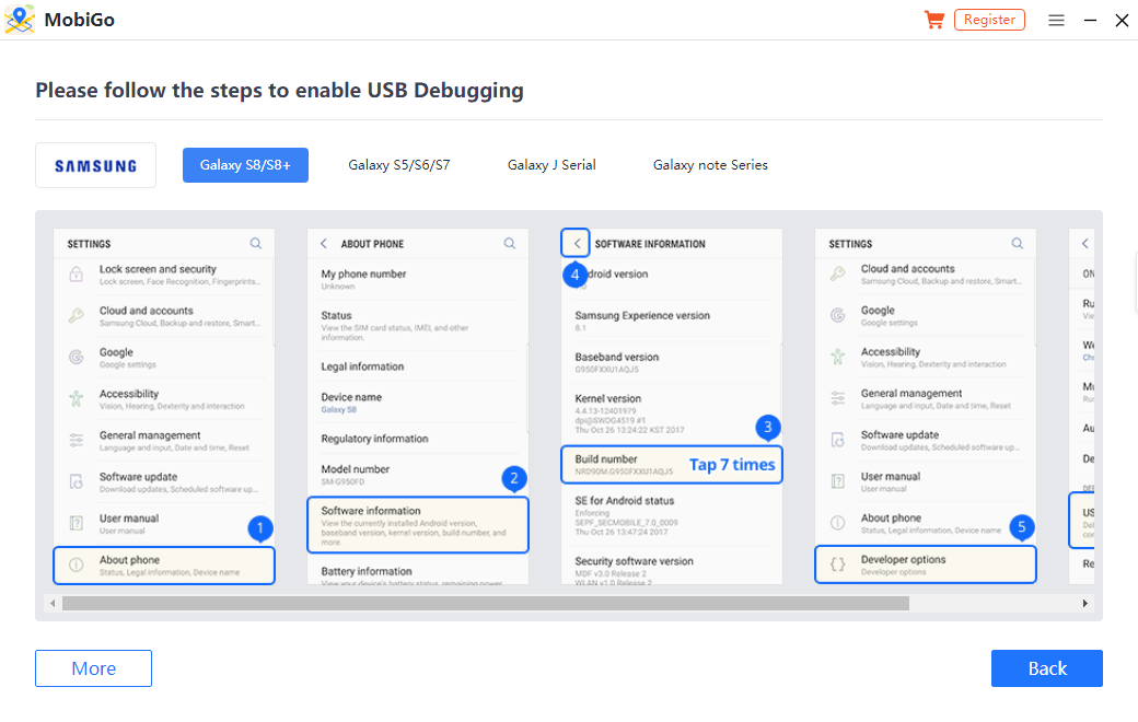 Bukak mode pangembang ing telpon Android lan aktifake debugging USB