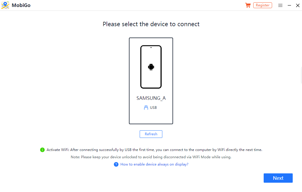 Select an android device to connect