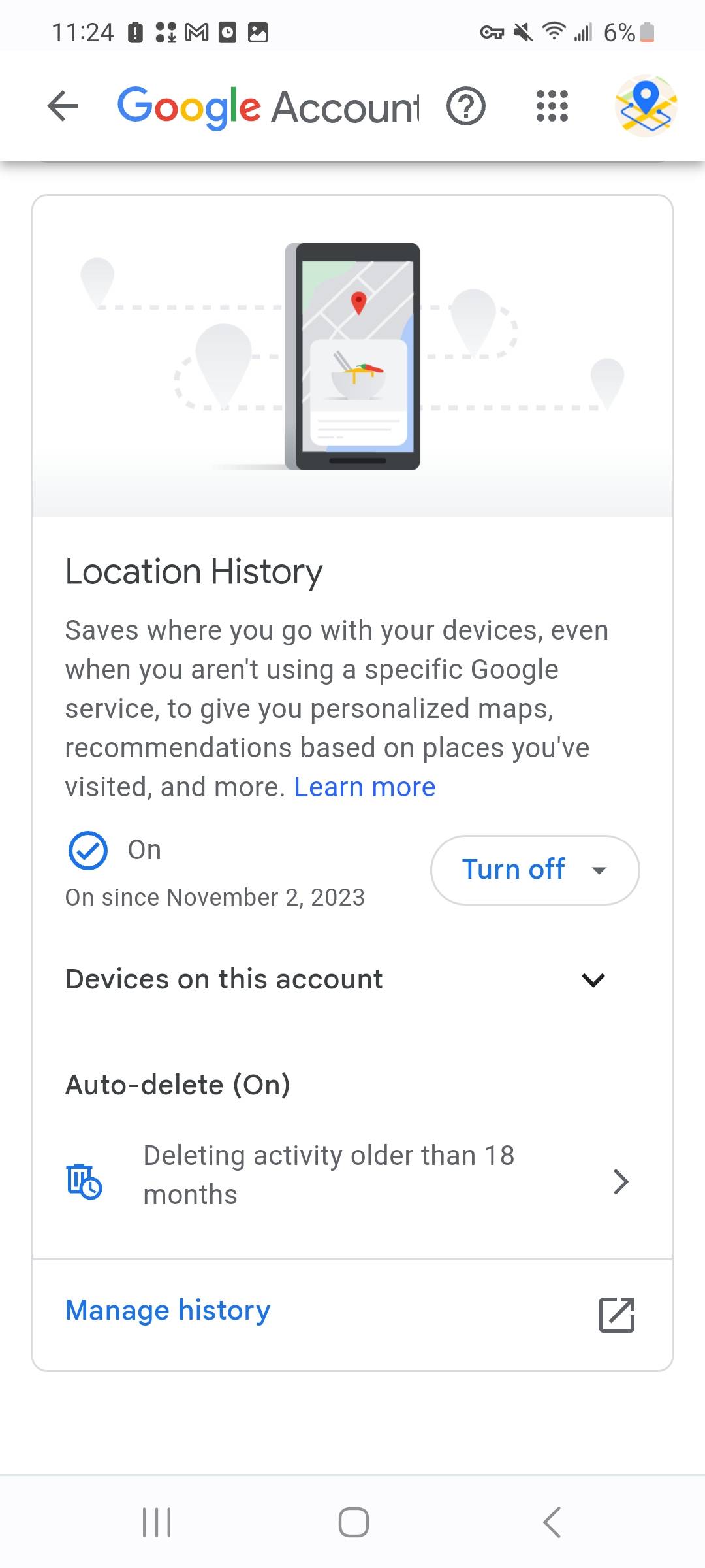 turn on google location history